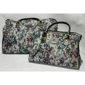 AMERICAN FLYER Set Gray Blue Pink Flower Large Weekend Bag AND Carry On Tote